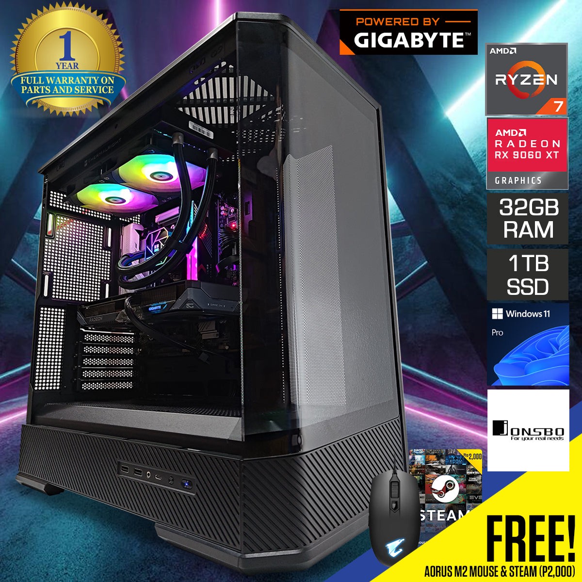 Powered by Gigabyte: Renderix Desktop Gaming PC | AMD Ryzen 7 7700 | 32GB RAM | 1TB SSD | RX 9060 XT | Windows 11 Pro