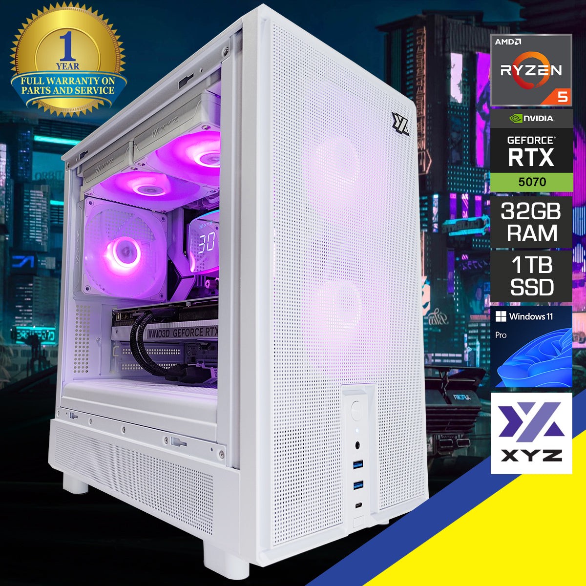 Aurora Atom White Desktop Gaming PC | AMD Ryzen 5 7400 | 32GB RAM | 1TB SSD | RTX 5070 OC | Windows 11 Pro