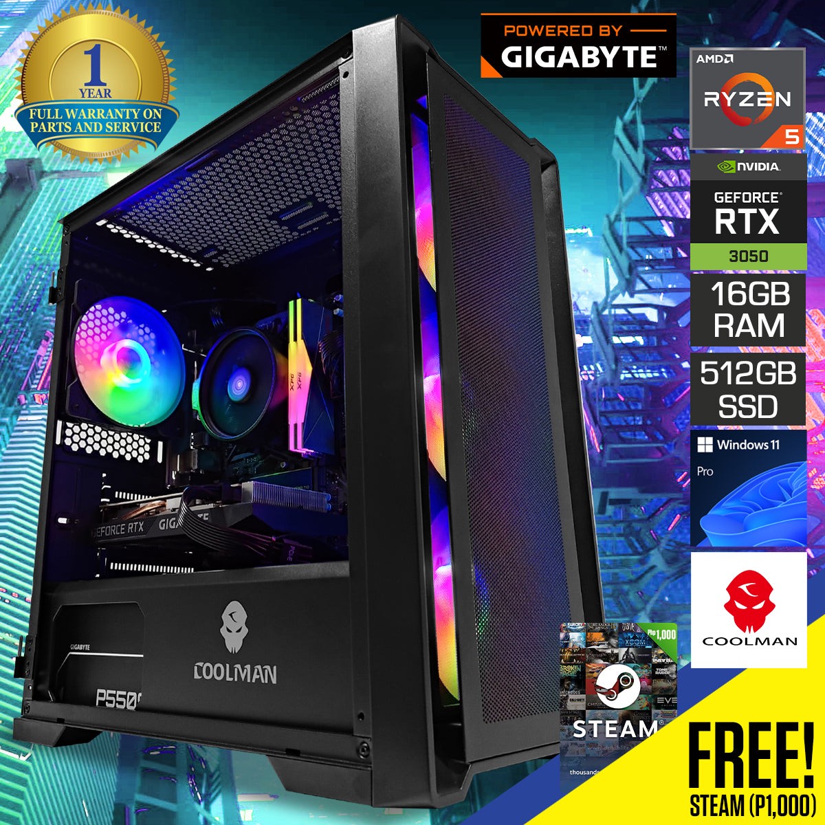 Powered by Gigabyte Campus Core Desktop Gaming PC | AMD Ryzen 5 5500 | 16GB RAM | 512GB SSD | RTX 3050 | Windows 11 Pro