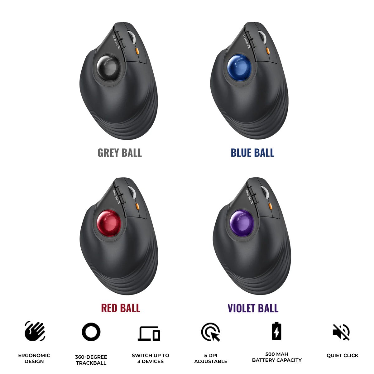ProtoArc EM05 NL Ergonomic Vertical Wireless Trackball Mouse (Black + Blue Ball, Black + Grey Ball, Black + Red Ball, Black + Violet Ball)