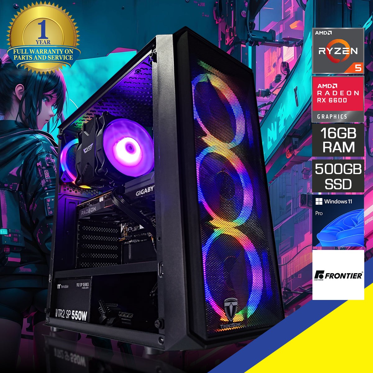Alpha Megatron Black Desktop Gaming PC | AMD Ryzen 5 5600 | 16 GB RAM | 500 GB SSD | RX6600 | Windows 11 Pro