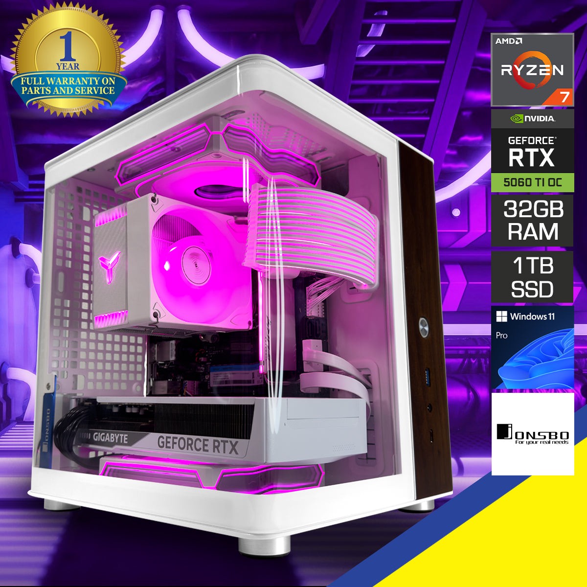 Elite Sigma TK-0 White Desktop Gaming PC | AMD Ryzen 7 7700 | 32GB RAM | 1TB SSD | RTX 5060 TI OC | Windows 11 Pro
