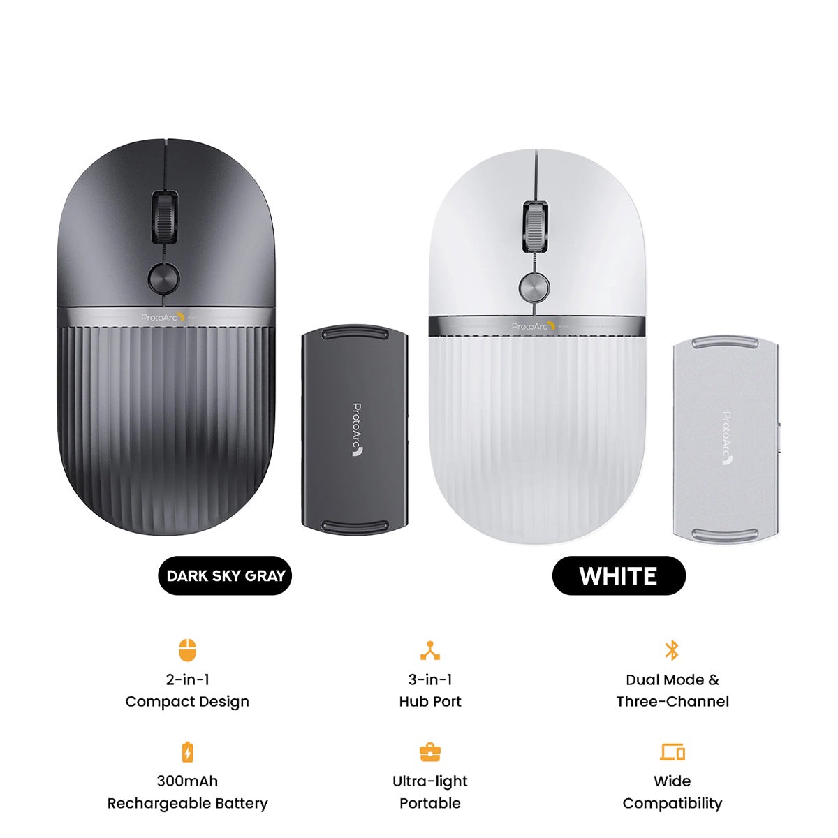 ProtoArc HubMouse 2-in-1 Swappable Modular HubMouse with Customized Hub (Dark Sky Gray, White)