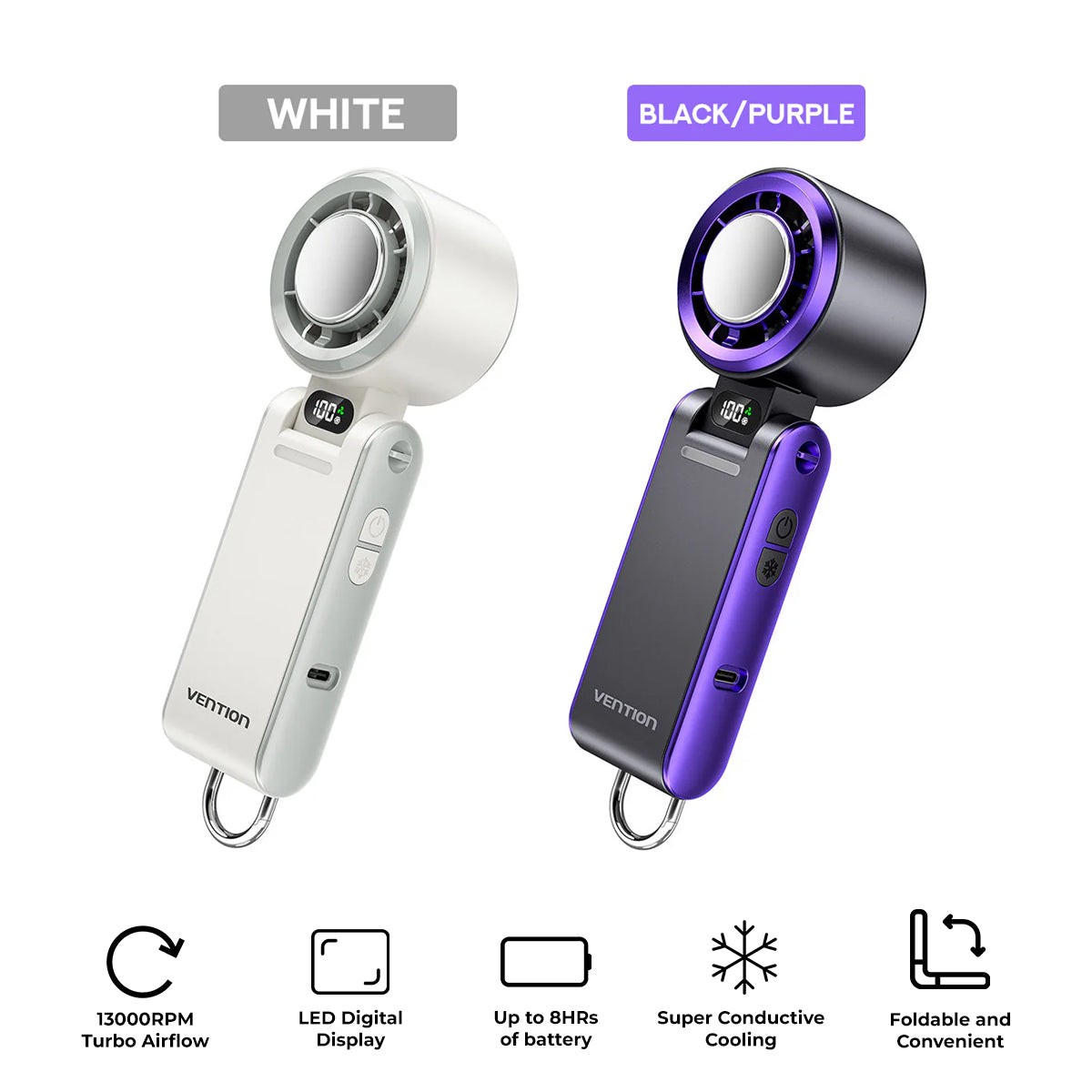 Vention Handheld Foldable High-Speed Cooling Fan (White, Black/Purple) (PBCW0, PBDV0)