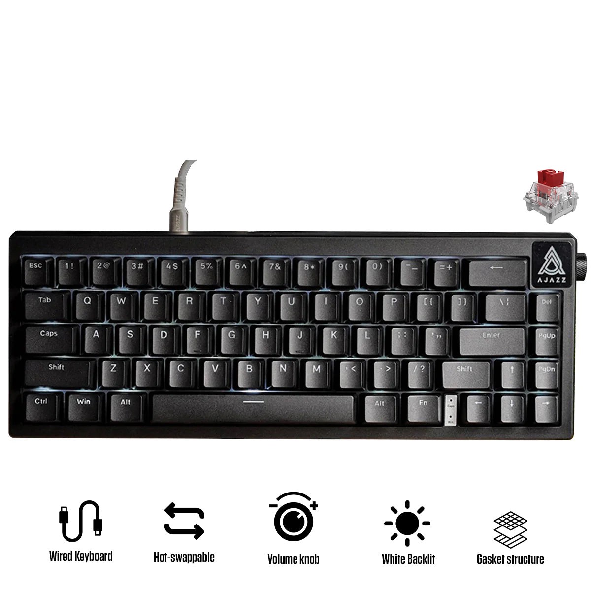 Ajazz AK650 White Backlit Wired 66-Key Gasket-Mounted Hot-Swappable Mechanical Keyboard (Black) (Red Switch)