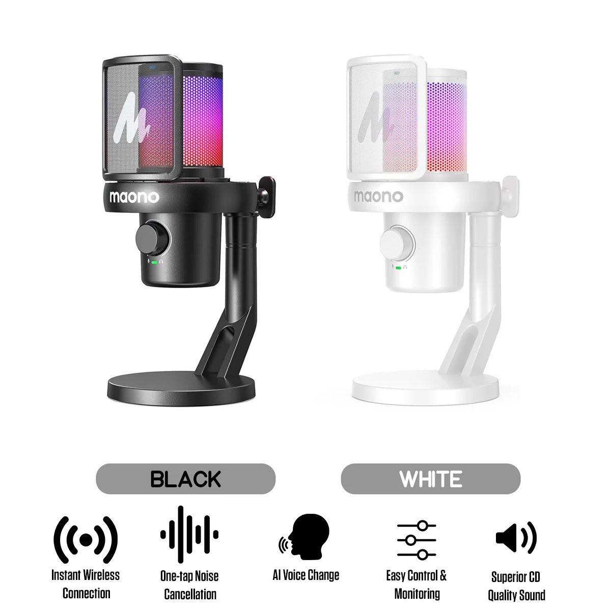 Maono DM40 Pro Wireless RGB Condenser Gaming Desktop Microphone (Black, White)
