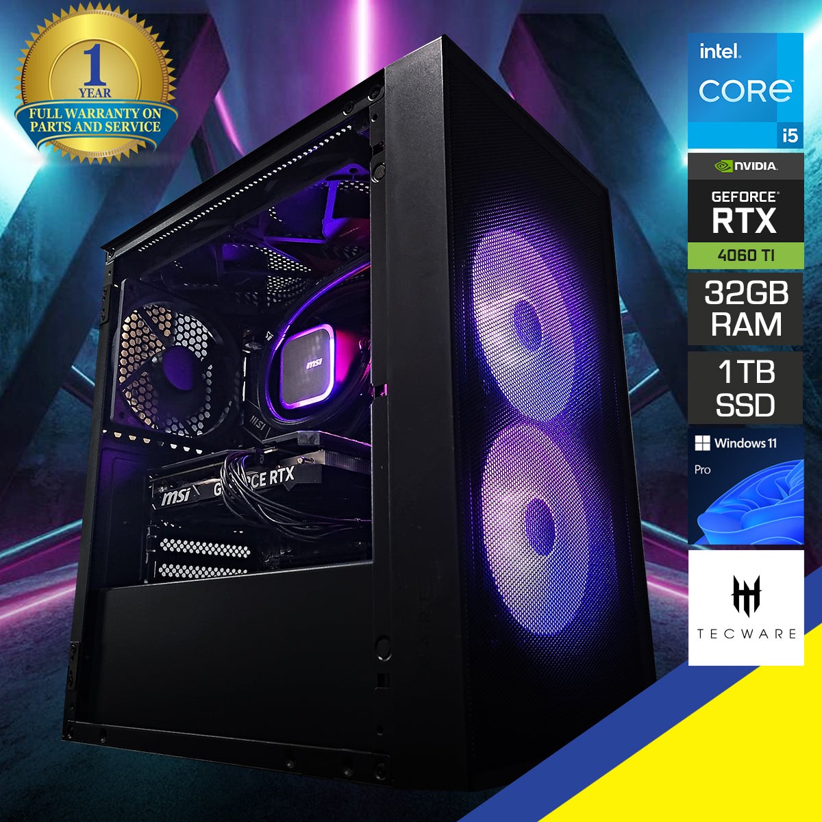 Sigma Air M2 Black Desktop Gaming PC | Intel i5 14400F | 32GB RAM | 1TB SSD | with WiFi + Bluetooth | GeForce RTX 4060 TI OC | Windows 11 Pro