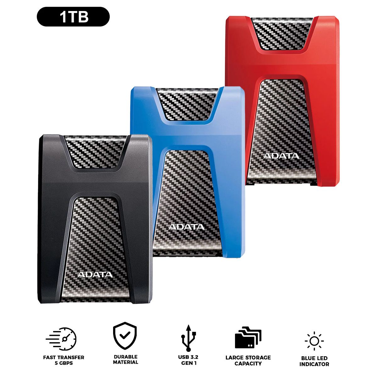 ADATA HD650 Durable 1TB 2.5 External Hard Drive (Black, Blue, Red)