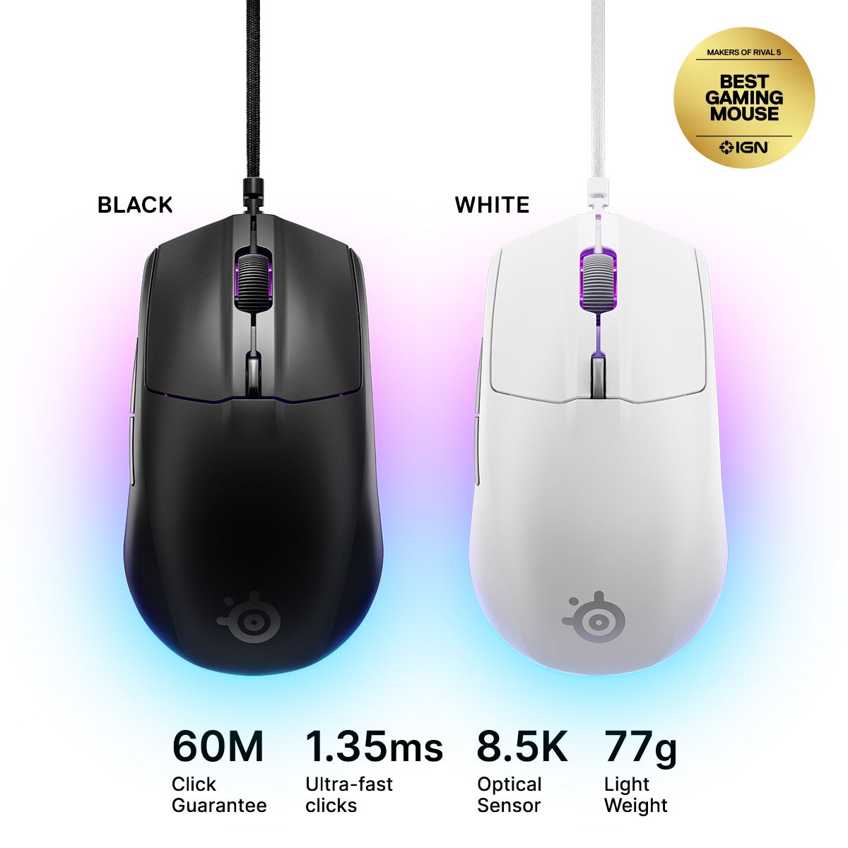 SteelSeries Rival 3 Gen 2 Lightweight Gaming Mouse (Black, White) (62515, 62516)