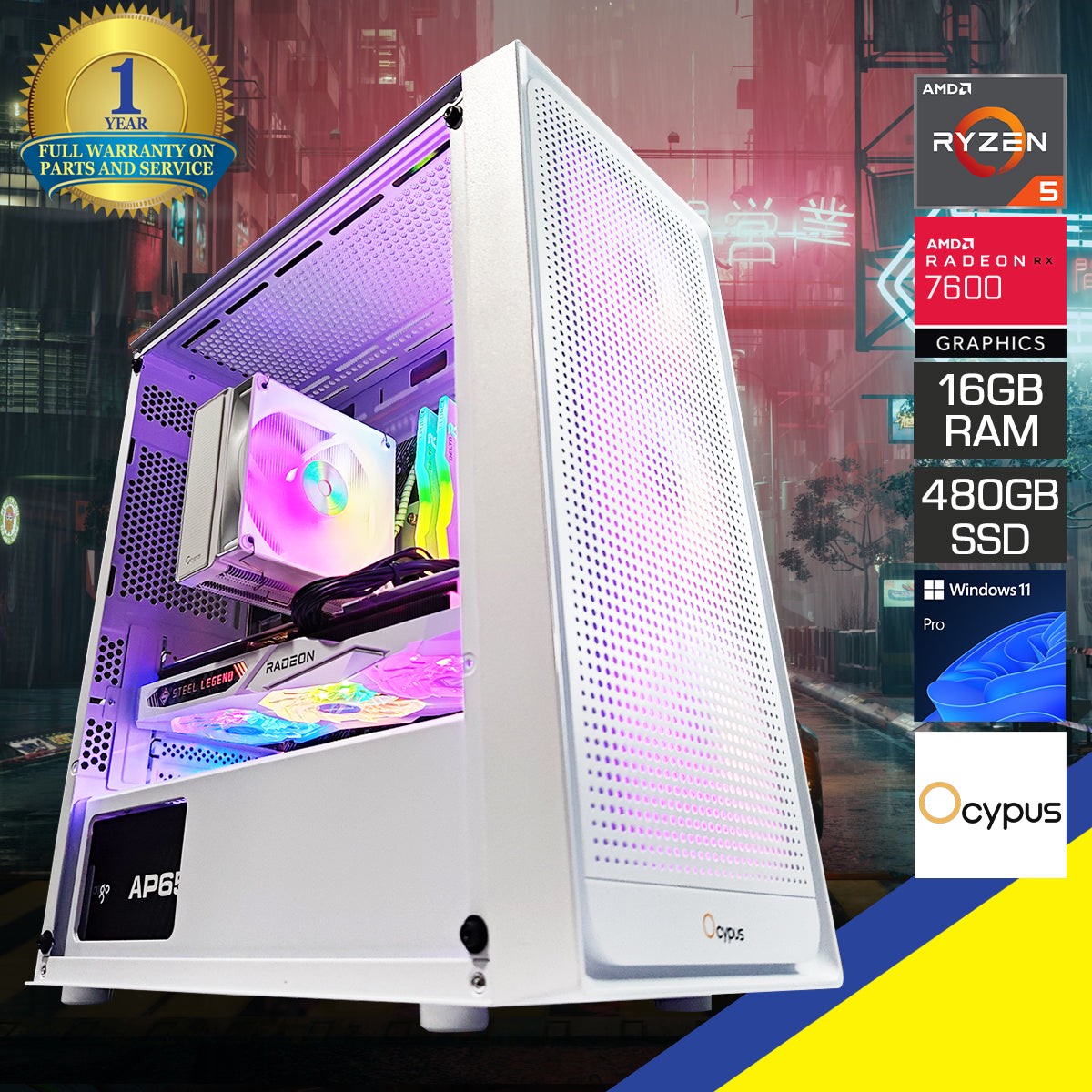 Alpha Gamma C50 White Desktop Gaming PC | AMD Ryzen 5 5500 | 16GB RAM | 480GB SSD | RX 7600 | Windows 11 Pro