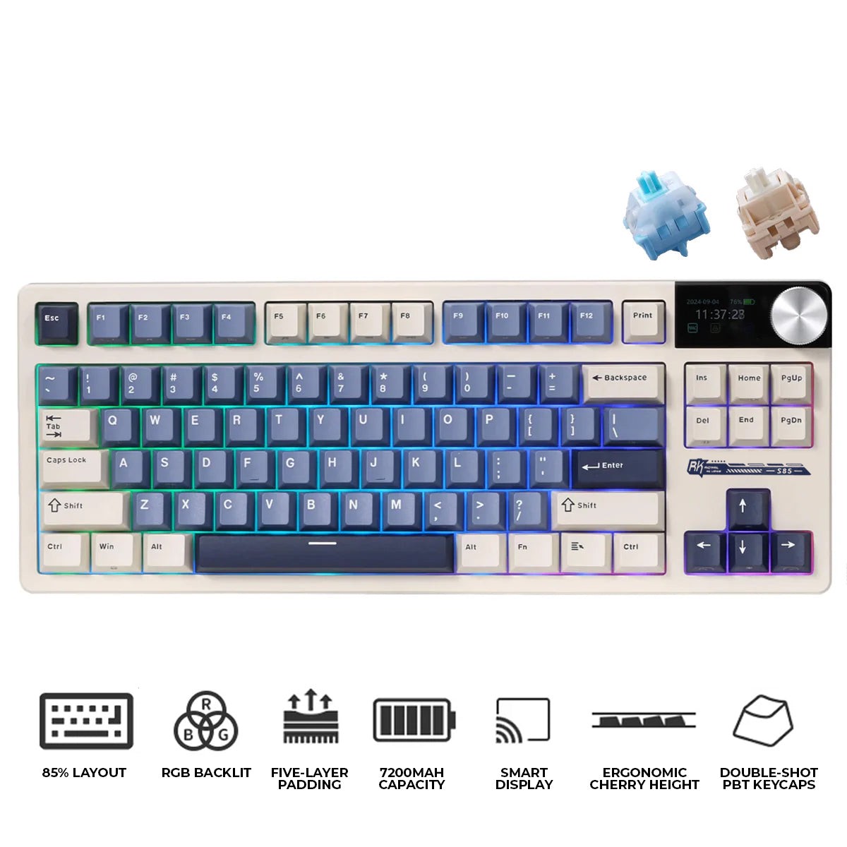 Royal Kludge RK-S85 Tri-Mode RGB 85 Keys Hot Swappable MechanicalKeyboard Horizon Blue (Cloud Switch, Beige Switch)