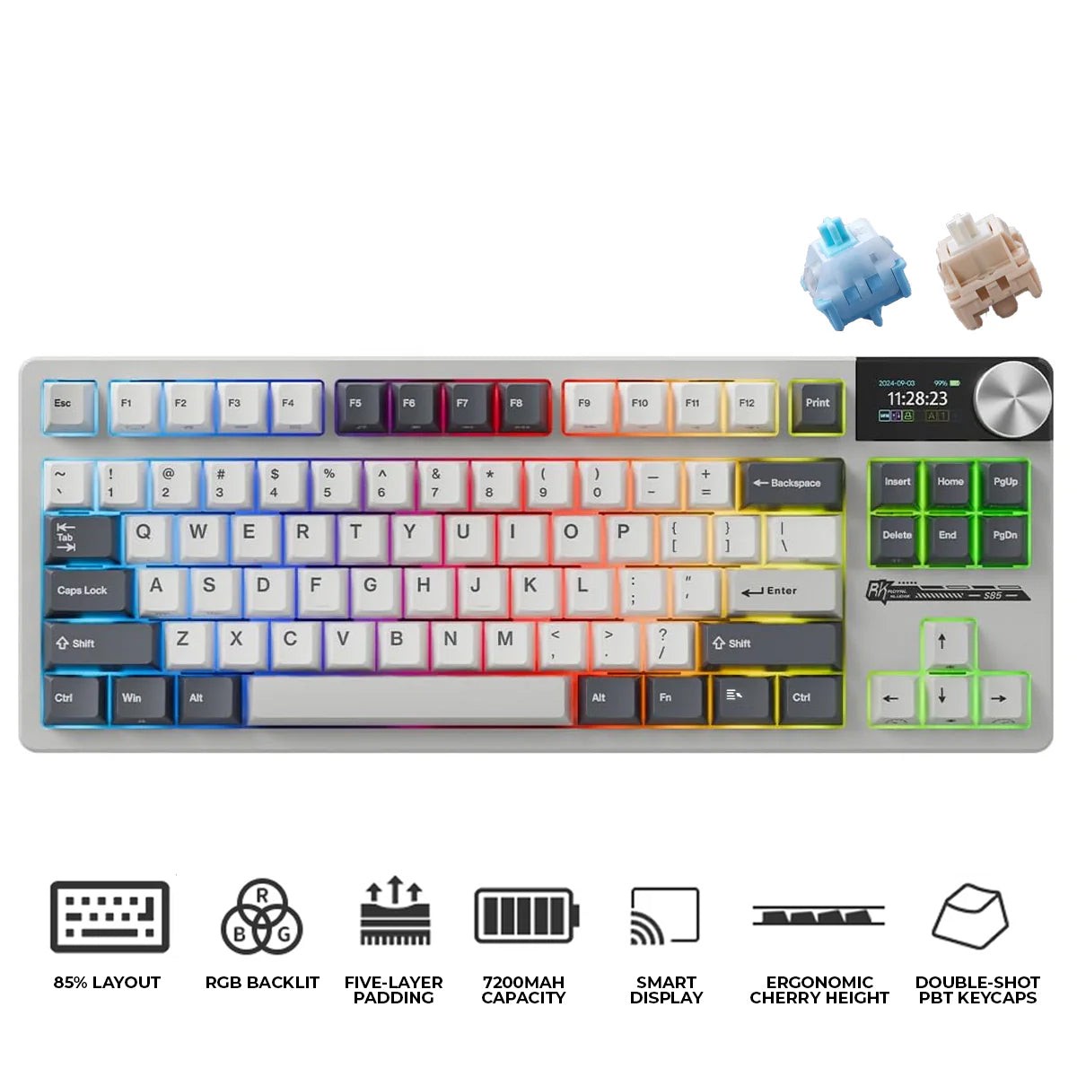 Royal Kludge RK-S85 Tri-Mode RGB 85 Keys Hot Swappable MechanicalKeyboard White Night (Cloud Switch, Beige Switch)