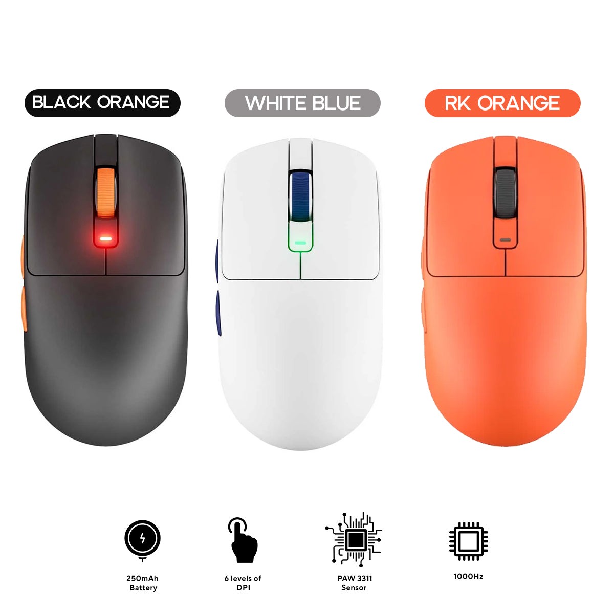 Royal Kludge M30 1K Hz Gaming Mouse (Black Orange, White Blue, RK Orange)