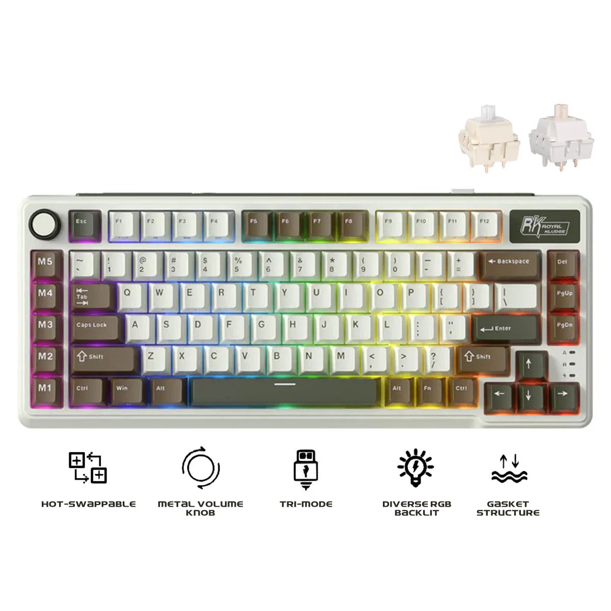 Royal Kludge RK L75 Tri-Mode RGB 85 Keys Hot-Swappable Mechanical Keyboard Palm Green (Cream Switch, Beige Switch)