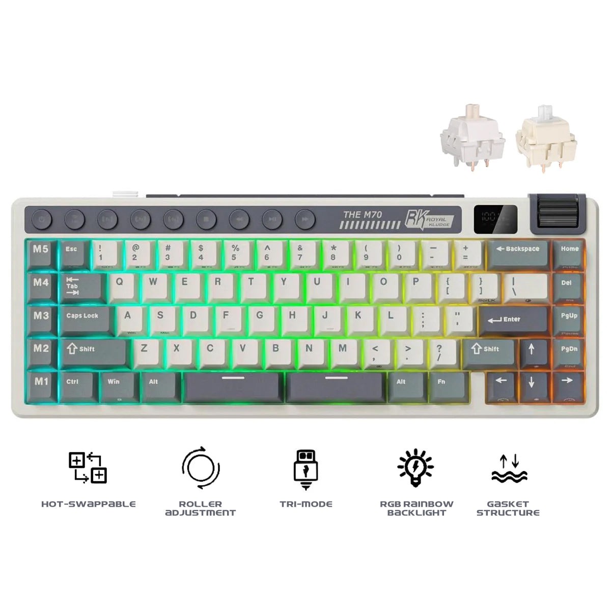 Royal Kludge RK M70 Tri-Mode RGB 73 Keys Hot-Swappable Mechanical Keyboard Cyan Purple (Cream Switch, Beige Switch)