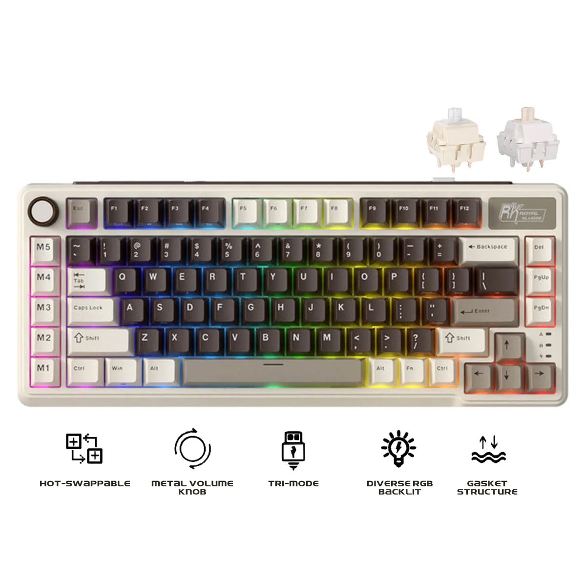 Royal Kludge RK L75 Tri-Mode RGB 85 Keys Hot-Swappable Mechanical Keyboard Mocha Grey (Cream Switch, Beige Switch)