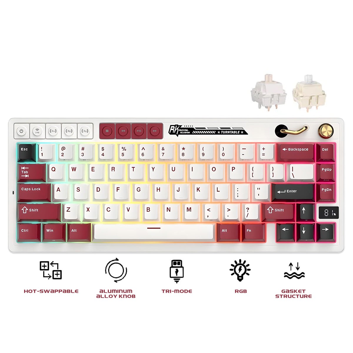 Royal Kludge RK M65 Tri-Mode RGB 66 Keys Hot-Swappable MechanicalKeyboard Famicom (Cream Switch, Beige Switch)