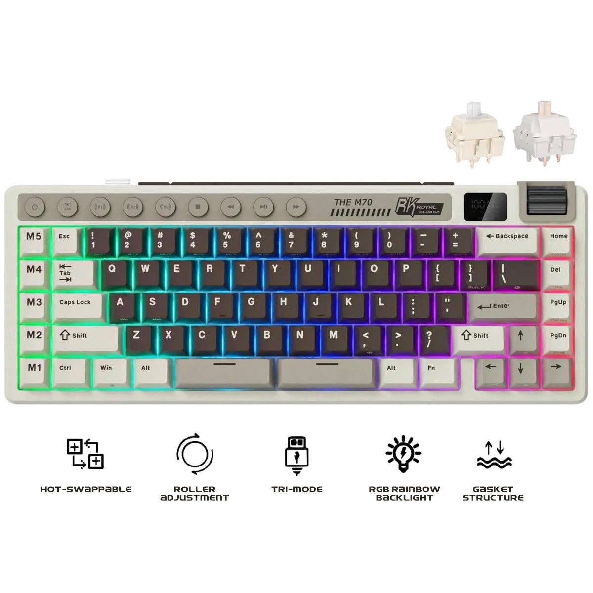 Royal Kludge RK M70 Tri-Mode RGB 73 Keys Hot-Swappable Mechanical Keyboard Mocha Grey (Cream Switch, Beige Switch)