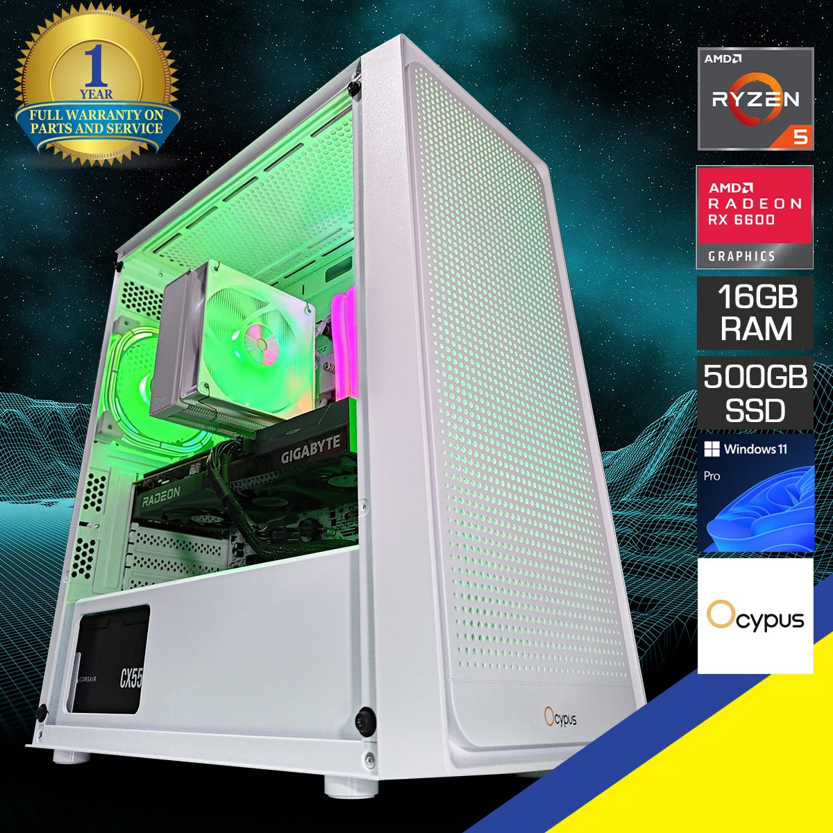 Alpha Gamma C50 White Gaming PC | AMD Ryzen 5 5600 | 16GB RAM | 500GB SSD | RX 6600 | Windows 11 Pro