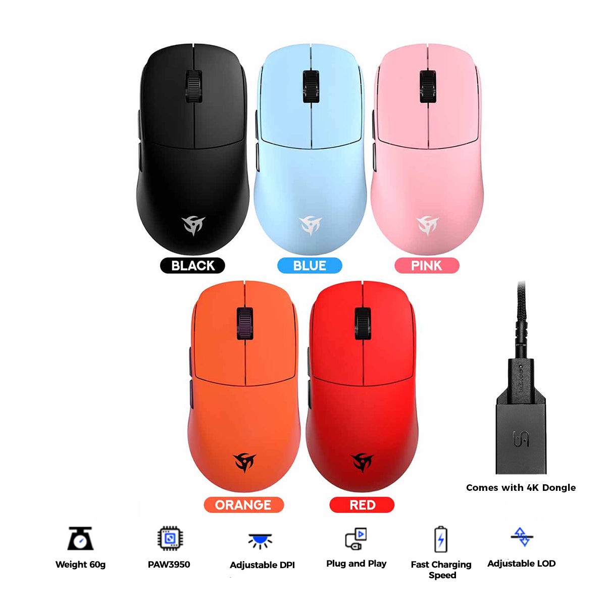 Vaxee x Ninjutso Sora 4K Wireless Mouse (Black, Blue, Pink,Orange, Red)