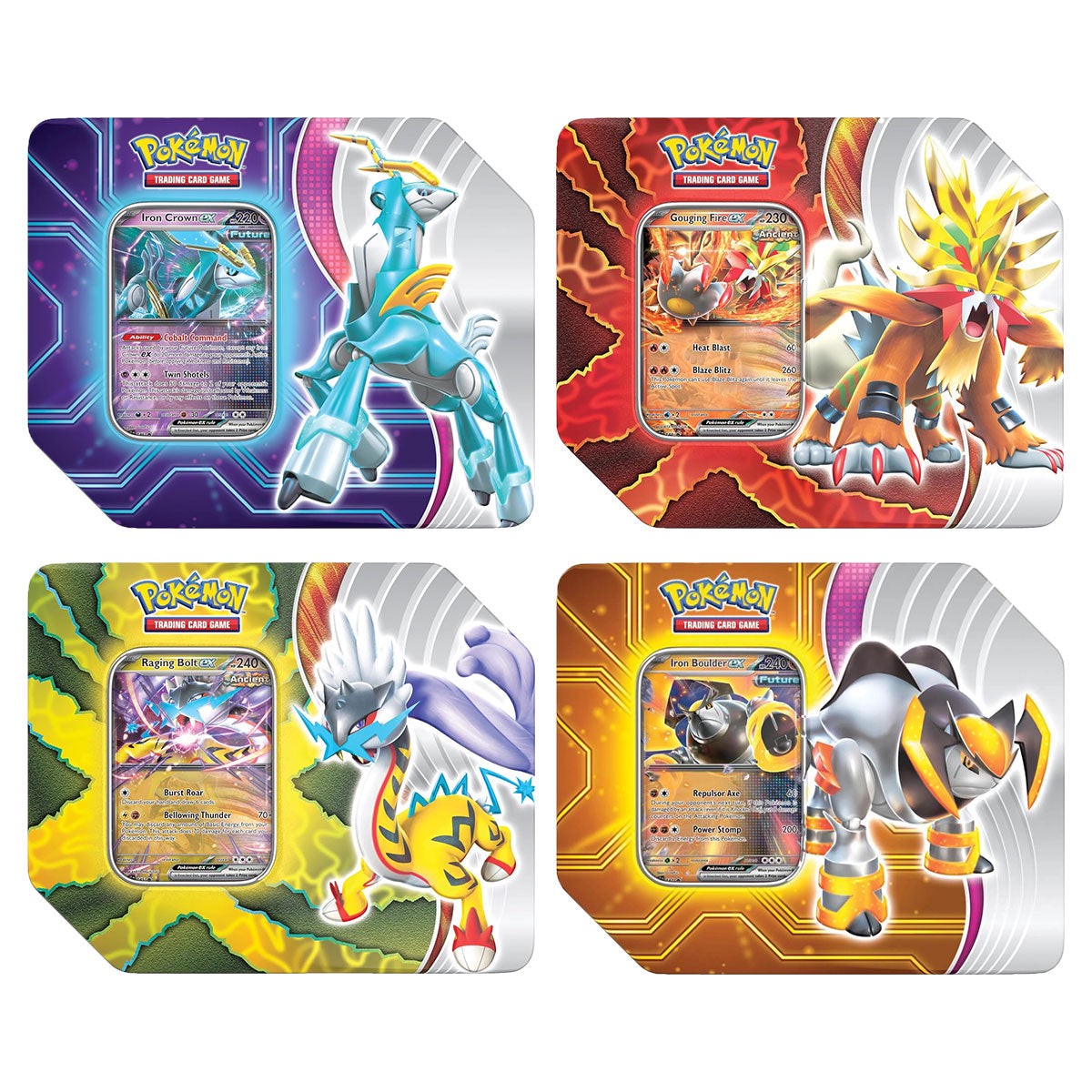 Pokemon Trading Card Game Paradox Destinies Ex Tin includes 5 Booster Packs (Iron Crown Ex, Gouging Fire Ex, Raging Bolt Ex, Iron Boulder Ex)