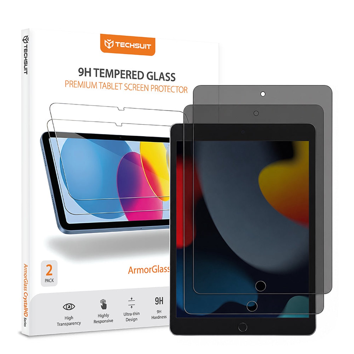 Protector de pantalla Privacy Techsuit ArmorGlass CrystalHD para Apple iPad 10.2 (2021), Vidrio templado, Pegamento completo, Set de 2 piezas